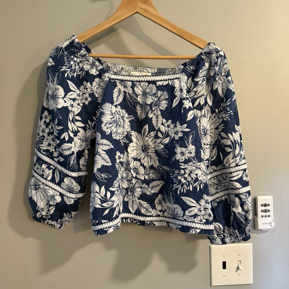 C&C California Top Linen Floral Pullover Blouse Boho‎ Women's Size Small
